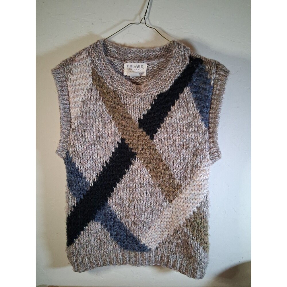 Sweater Vest VTG Women's Size Medium Hand Knit Chunky Great Collage By Hand